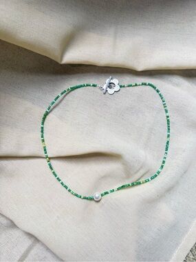 Green Seed Bead Necklace with Pearl Accent Summer Necklace